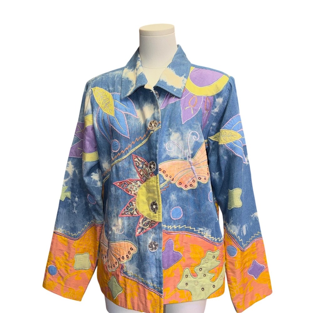 Indigo Moon Denim Jacket Womens L Blue Good Acid Wash Patchwork Butterfly Sun